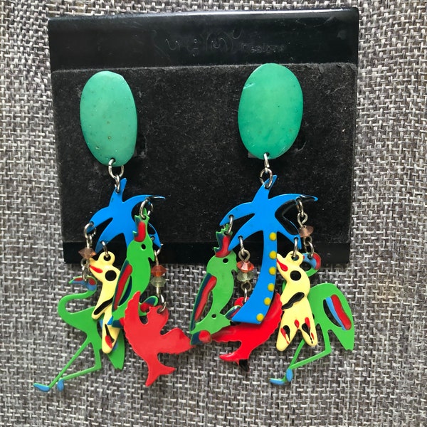 SALE!! Vintage Lunch At The Ritz "Style" Artisan Designed Multi-Colored Tropical Birds "Aiya's" Dangle Clip Earrings