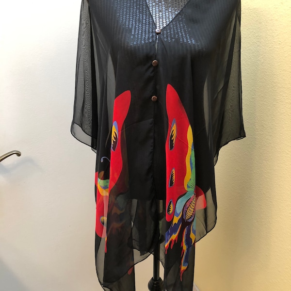 Beautiful Vintage One Size Black Multi-Colored Mix Semi-Sheer Pullover Art To Wear "Butterflies" Chiffon Poncho