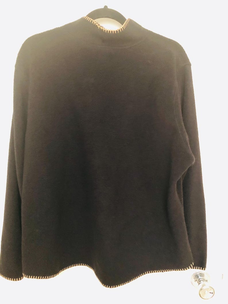 Coldwater Creek Sz XXL Black W/Tan Stitching Pullover Mock Neck Fleece Tunic Top W/Embroidery image 3