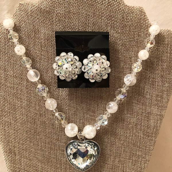 New Handmade Vintage Vendome Crystal  Clear And AB Art Glass Beaded Necklace W/Crystal Heart Pendant & Maching Clip Earrings