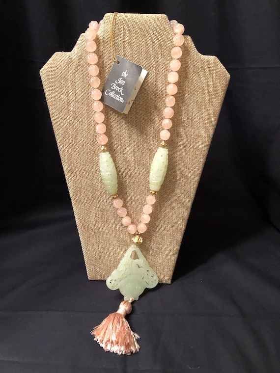 SALE! Vintage Jan Brock Serpentine Jade & Rose Quartz Beaded Necklace