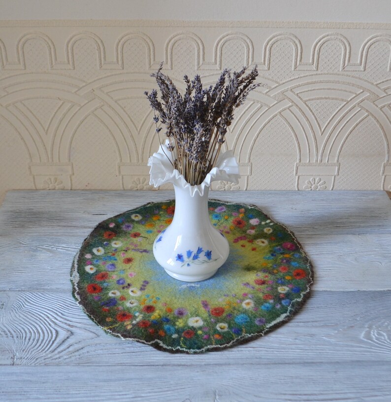 Felted wool round placemat with meadow flowers Felted table Etsy
