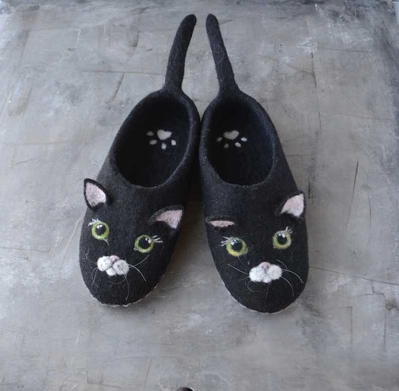 Felted wool black cat slippers for kids Custom winter black | Etsy