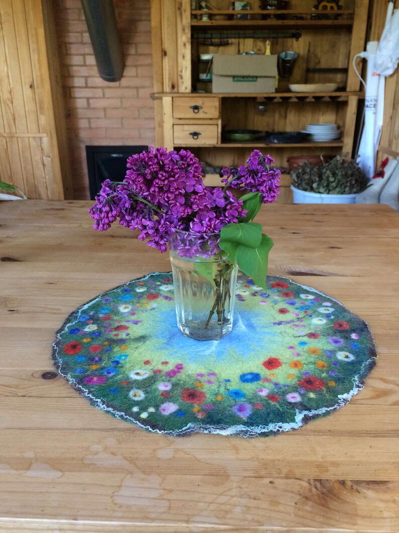 Felted wool round placemat with meadow flowers Felted table Etsy