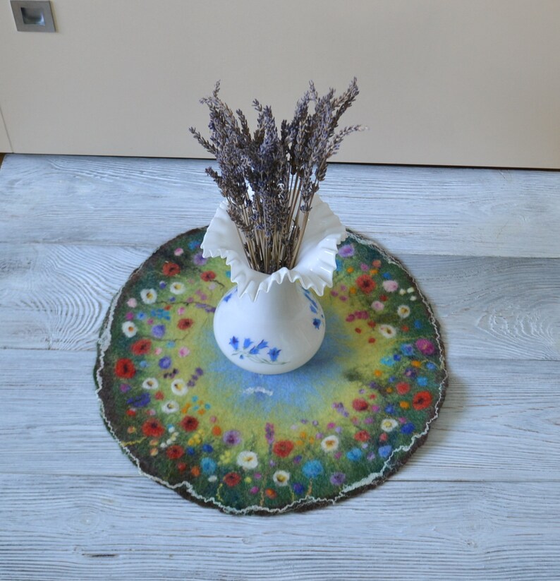 Felted wool round placemat with meadow flowers Felted table Etsy