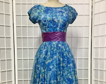 1950s Blue Floral Chiffon Cocktail Dress