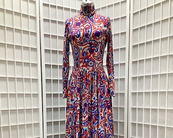 1970s Red, White and Blue Paisley Print Maxi Dress