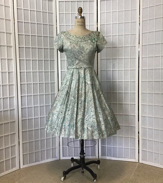 Beautiful 1950s teal and Black Abstract Floral Pri