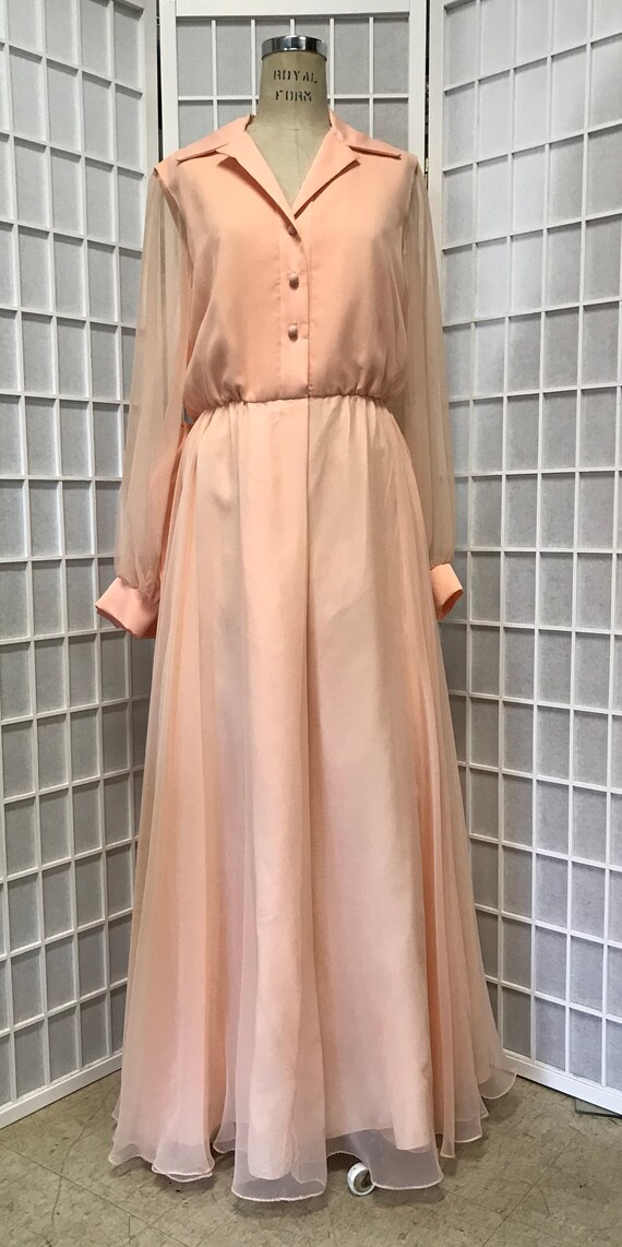 1970s Peach Chiffon Maxi Gown by Jack Bryan, Size