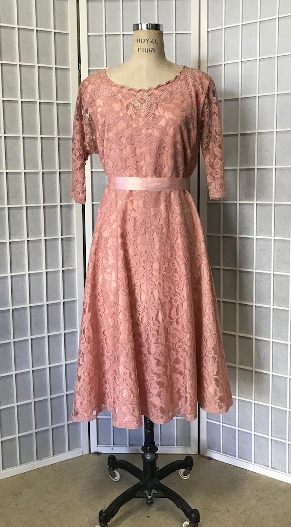 1940s Dusty Pink Lace Cocktail Dress, Size Large,