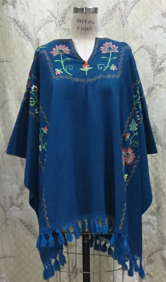 Vintage 1960s Royal Blue Embroidered Wool Shawl, E