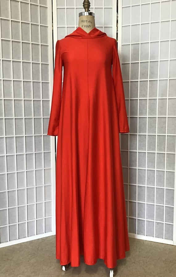 1970s Flaming Rust Hooded Maxi Dress
