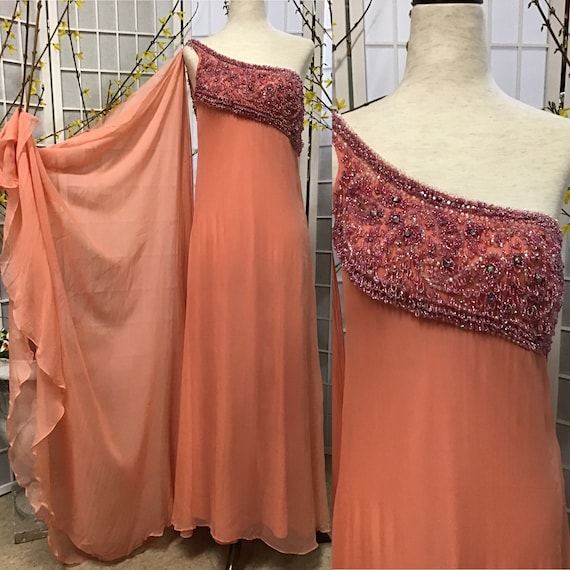 1960s Light Coral Colored Silk Chiffon Beaded Gown