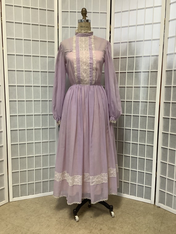 1970s Lilac and Lace Prairie Dress