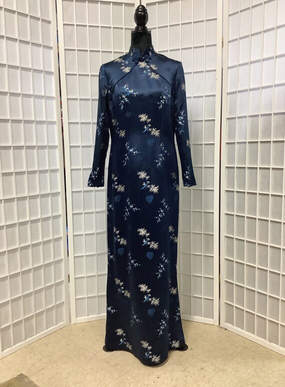 1960s Blue Silk Satin Chinese Gown, Milady Label