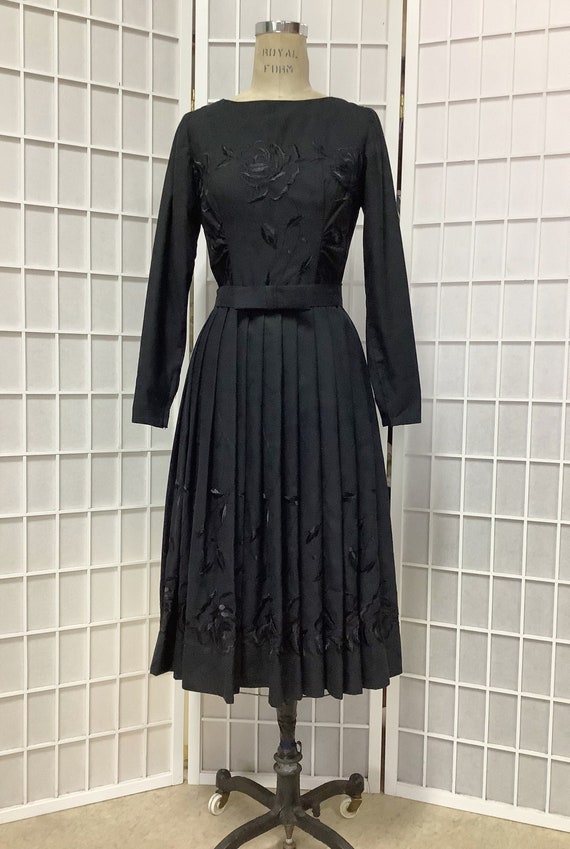 1950s Black Cotton Embroidered Dress
