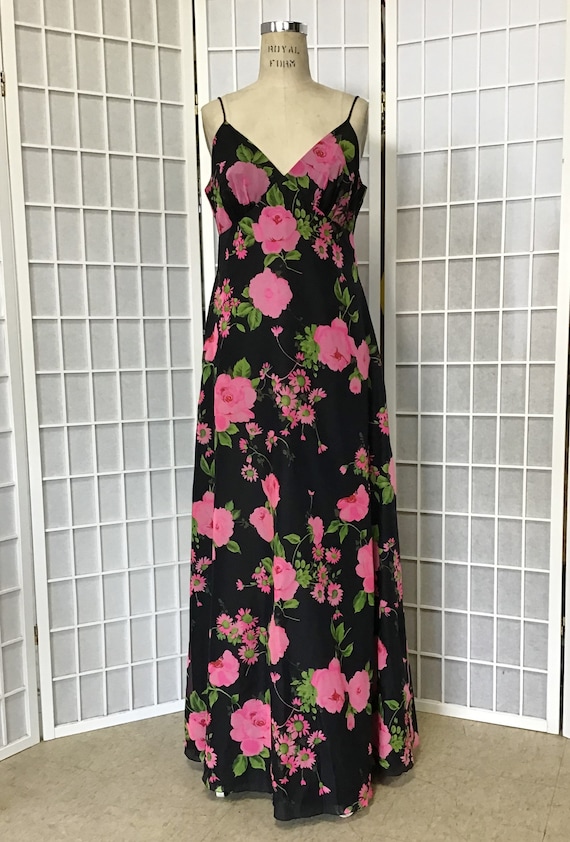 70’s Black Midi Dress with Tropical Floral Print main image 0