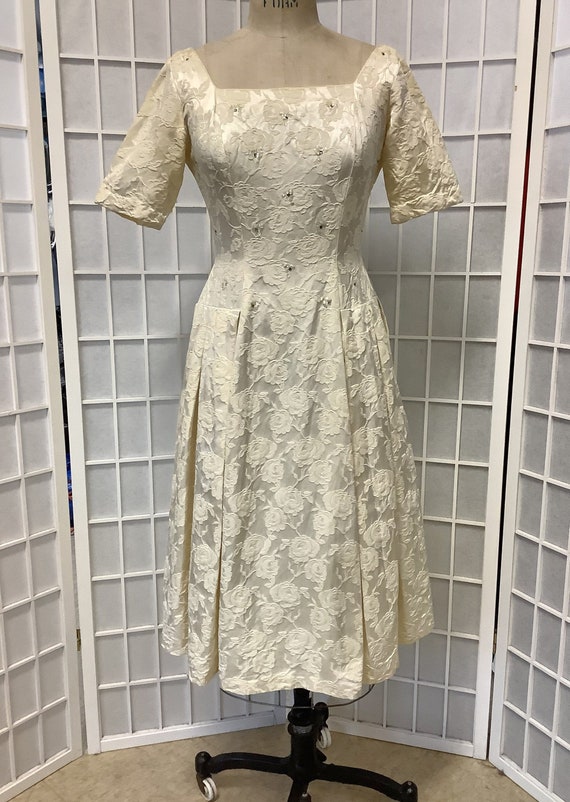1950s Cream Brocade Rhinestone Studded Cocktail Dr