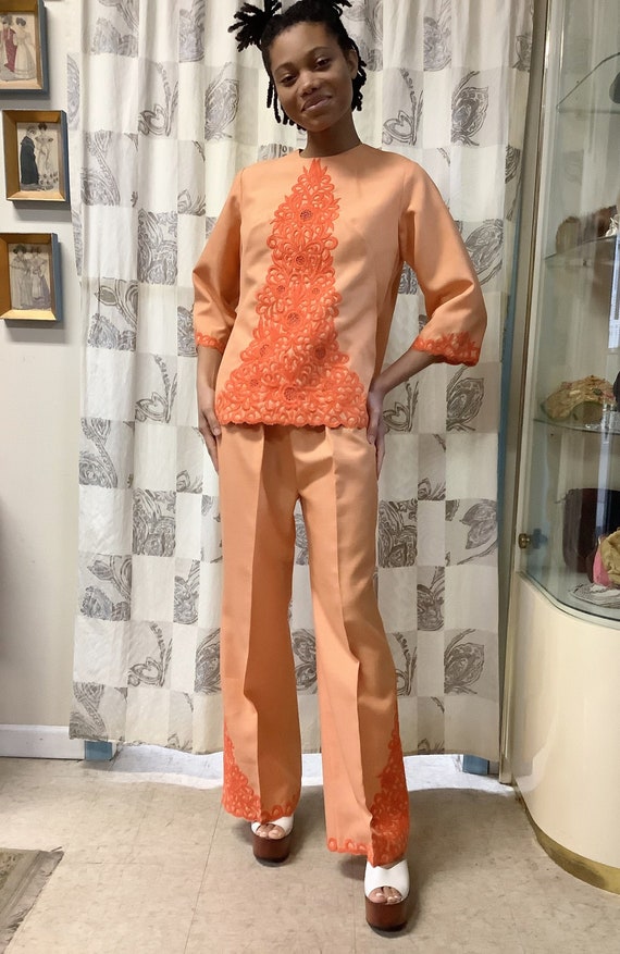 1970s Orange Embroidered Linen Suit