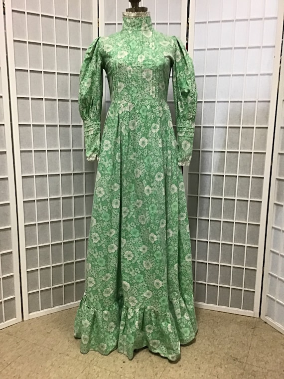 1970s Laura Ashley Green and White Prairie Dress,