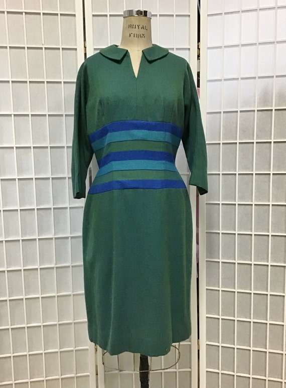 1950s Blue and Green Wool Dress