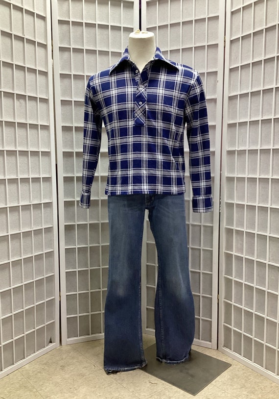 Men's 1970s Double Knit Blue and White Plaid Pullo