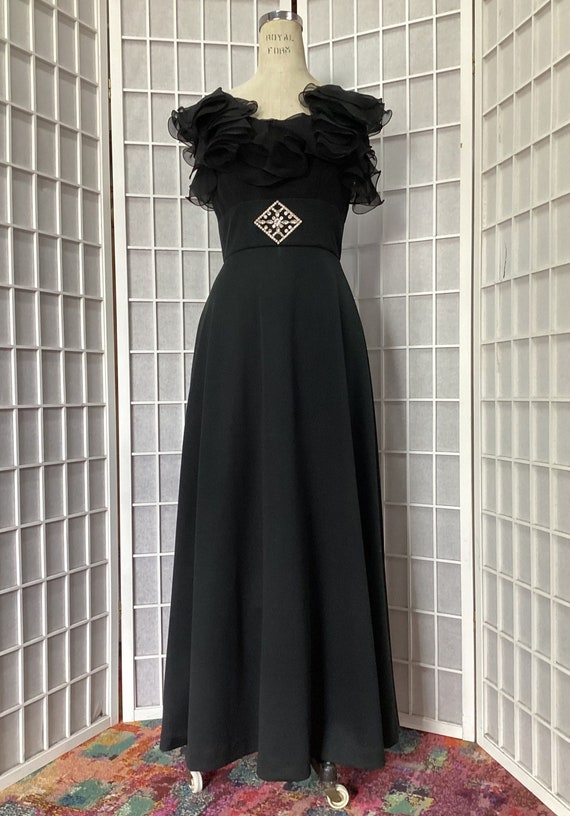1970s Black Ruffled Gown