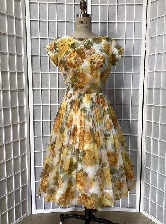 1950s Yellow Floral Print Chiffon Cocktail Dress