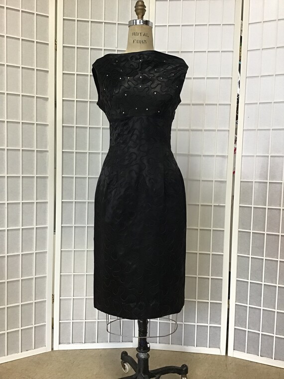 Vintage 1950s Black Satin Ribbon Dress, Black Cock