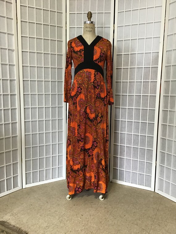 1960s Rust and Black Maxi Dress