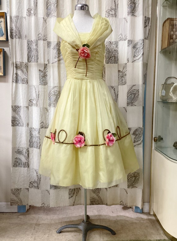 1950s Butter Yellow Organza Party Dress