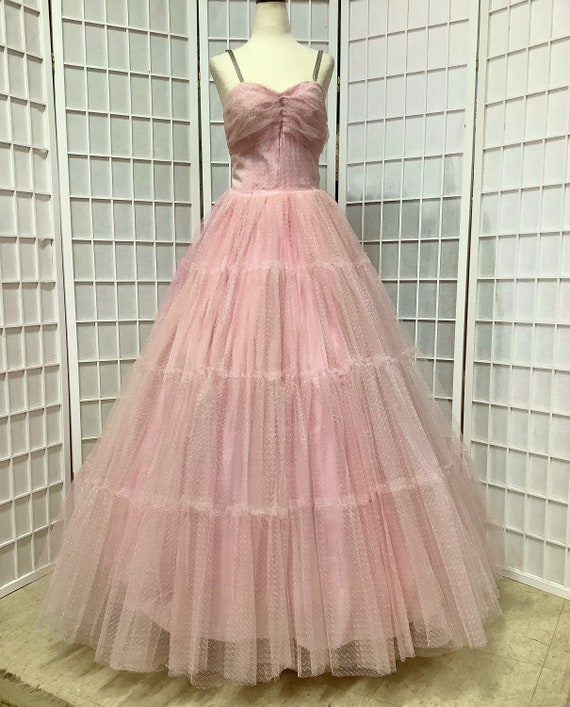 1950s Pink Sparkled Tulle Ballgown - image 1