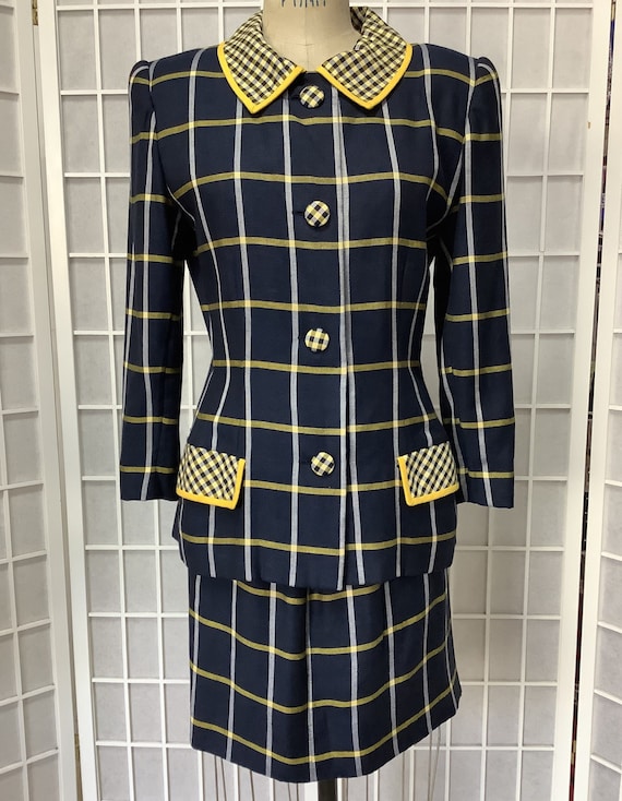 1990s Carolina Herrera Blue, Yellow, White Plaid … - image 1