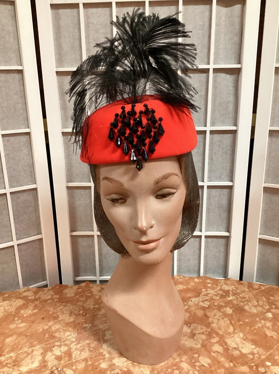 1980s Red Beaded Hat by Halston