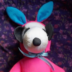Cute Colorful Vintage 90s Peanuts Snoopy in Bunny Suit Plushie. Fun Vintage 90s Peanuts Snoopy in Neon Pink and Blue Bunny Suit Stuffed Toy
