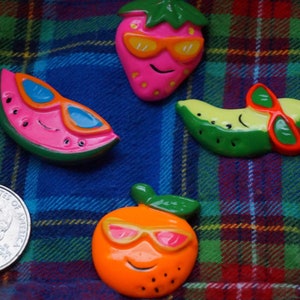 Vintage Lot of Colorful Neon 80s Handpainted Anthropomorphic Fruit Cabochons. Colorful Vintage 80s Anthropomorphic Fruit Cabochon Lot image 4