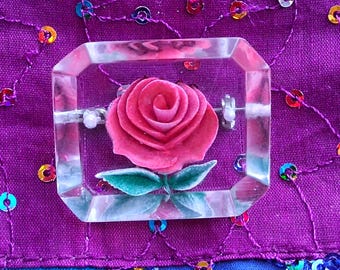 Beautiful Vintage 50s Red Rose Reverse Carved Lucite Brooch. Lovely Vintage 50s Detailed  Vibrant Red Rose Brooch
