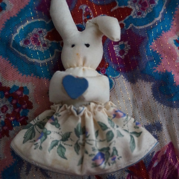 Lovely Small Vintage 90s Folk Bunny Plushie. Vintage 90s Cottage Style Rabbit Plushie. Darling Vintage 90s Mini Folk Rabbit Plushie Doll
