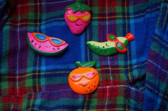 Vintage Lot of Colorful Neon 80s Handpainted Anthropomorphic Fruit Cabochons. Colorful Vintage 80s Anthropomorphic Fruit Cabochon Lot