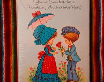 Vintage 70s Sweet Old-Fashioned Kitschy Cute Wedding Anniversary Invitations. Vintage Kitsch Paper Ephemera Invitations.Cute 70s Invitations