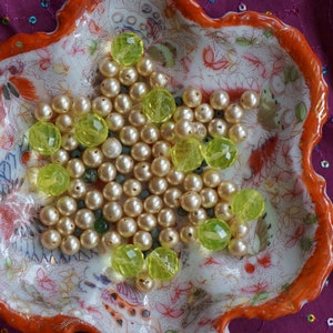 Vintage 60s Lot of Vintage Faux Pearl Beads and Chartreuse Glass Rondelle Beads. Mid Century 60s Faux Pearl Beads and Pale Green Beads.