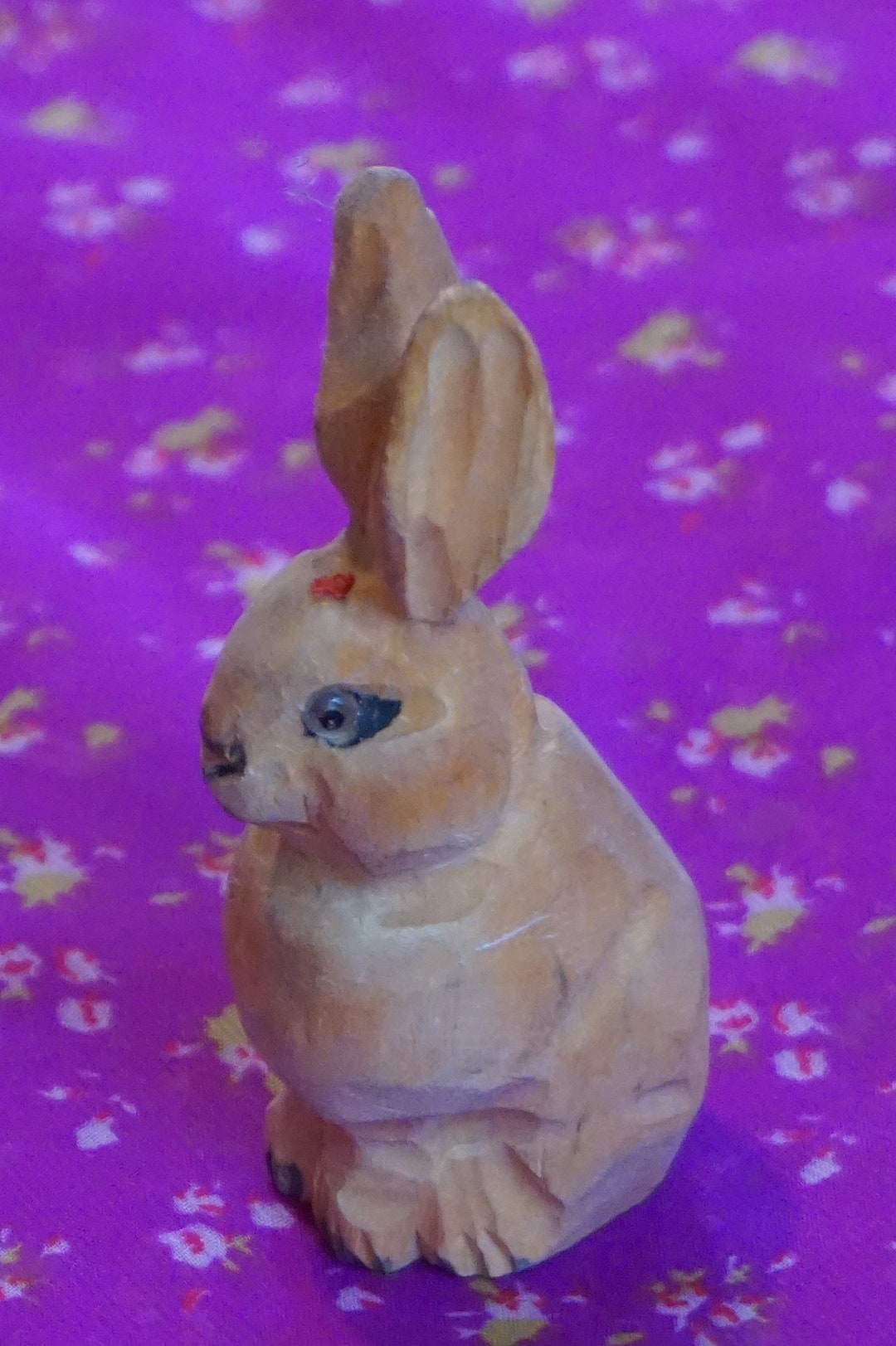 Beautiful Vintage 70s Carved Wood Rabbit Figurine. Detailed
