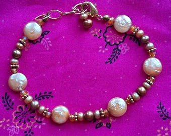 Gorgeous Vintage 90s Yellow Freshwater Coin Pearl Bracelet. Eye-Catching Dainty Vintage 90s Dyed Yellow Freshwater Coin Pearl Bracelet.