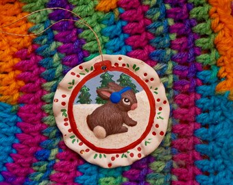 Adorable Hand Painted Vintage 80s Ceramic Holiday Rabbit Ornament. Colorful Lovely Vintage 80s Cottage Style Winter Rabbit Ornament.
