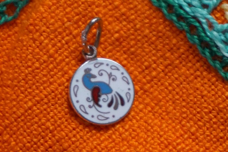 Lovely Small Vintage 90s Enamel and Silver Metal Spain Bird with Plants Pendant. Lovely Colorful Vintage 90s Mini Spain Souvenir Pendant. image 2