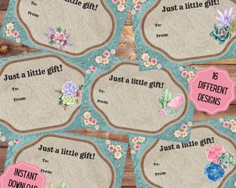 Succulent Floral Gift Tags, Printable Gift Tags, Country Gift Labels, Gift Card, Cactus Gift Tag