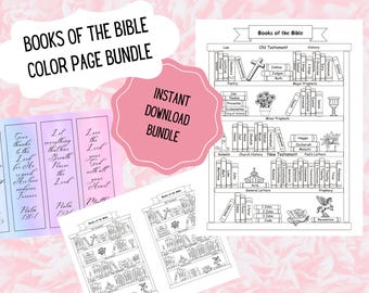 Books of the Bible Coloring Page, Bible Bookshelf Reading Tracker, Bookmarks, Printable Download Bundle