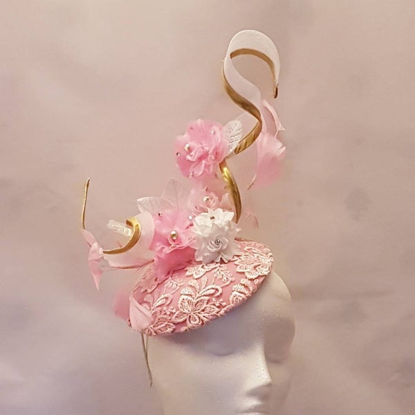 PINK HAT FASCINATOR  #Pink hat with Gold edge swirl Kentucky derby  Ascot hat fascinator Wedding, Race, Cocktail hat Church hat fascinator