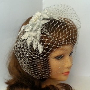 Bird cage veil Wedding bird cage veil SILVER thread lace fascinator, Silver, Black, White & Ivory French net Blusher Veil, crystal or Pearl image 1