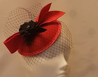 RED & BLACK Fascinator Hat  #Red birdcage Veil hat with Black,Red felt bow Ascot hat fascinator Wedding, Race,Cocktail,Church hat fascinator